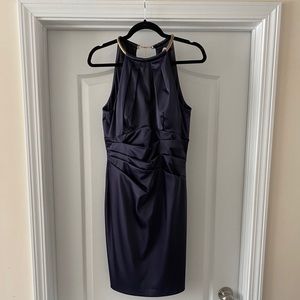 Navy cocktail dress with gold detail